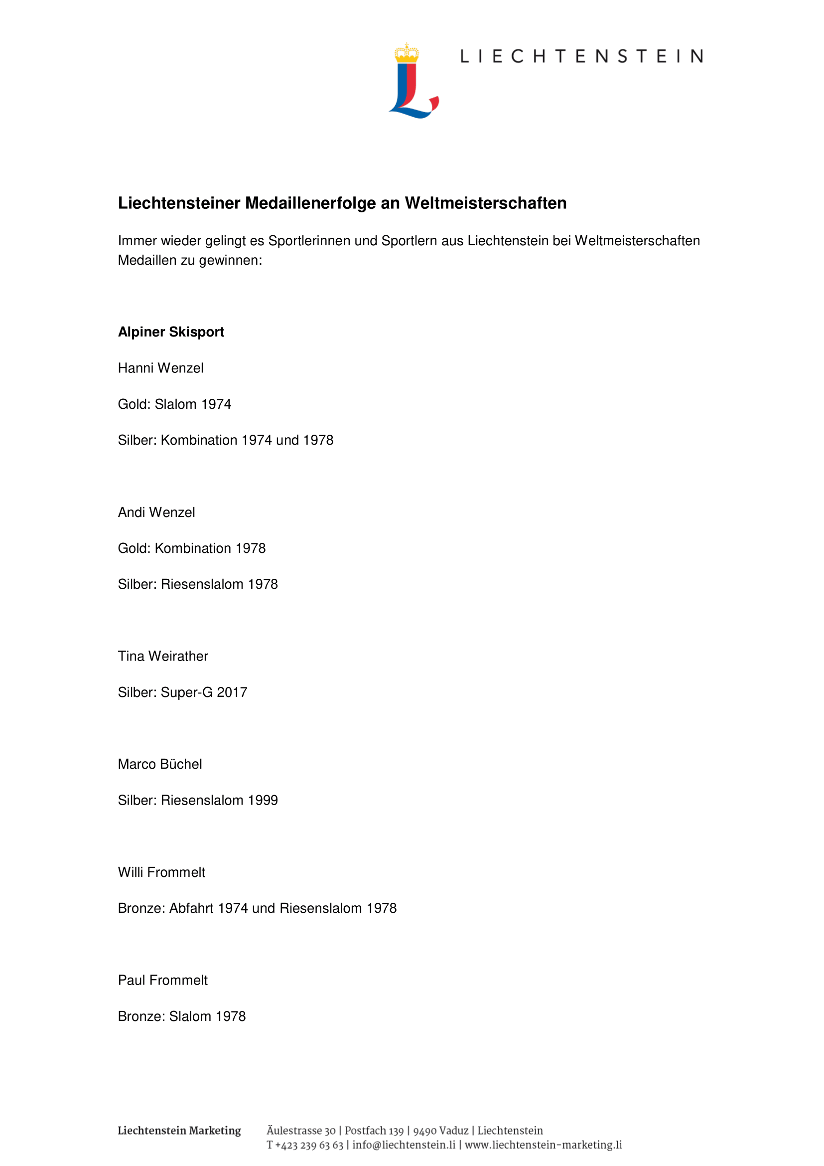 Offizielle Liste der Weltmeister Liechtensteins 1